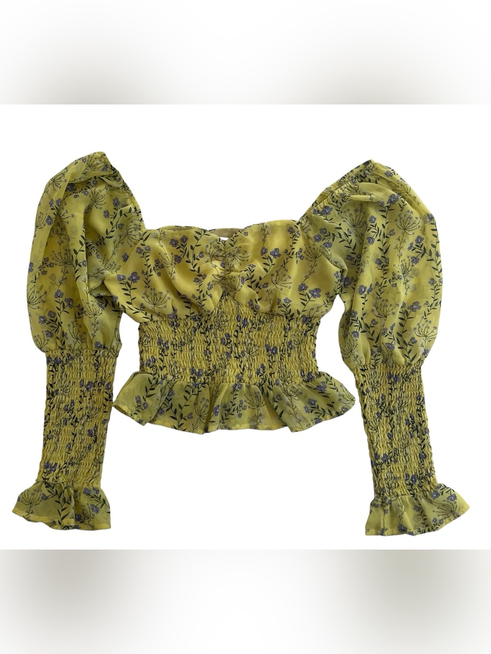 Wild Honey Olive Green Floral Smocked Puff-Sleeve Crop Top
